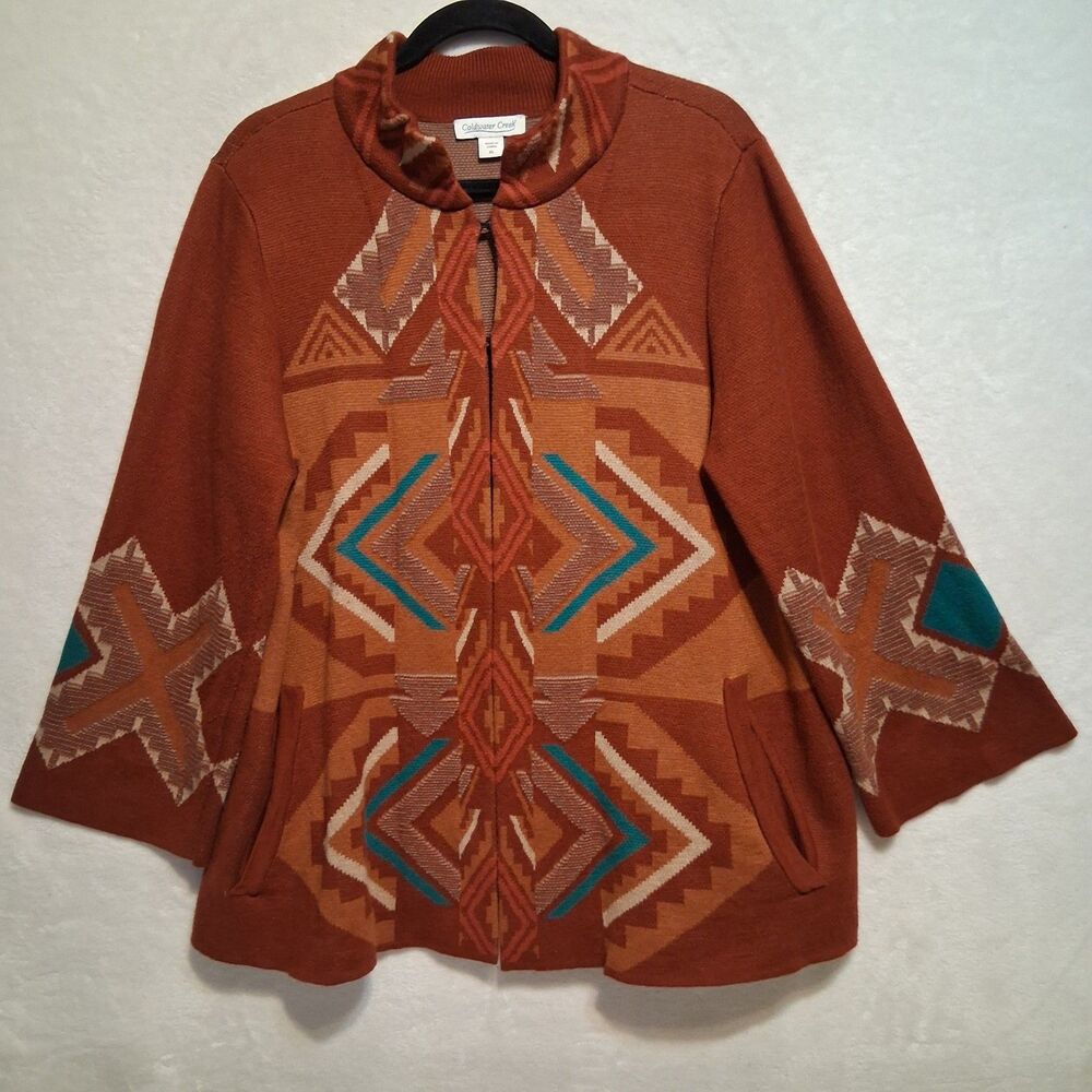 Coldwater Creek XL Cardigan Sweater Rust Brown Coatigan Southwest Aztec Country